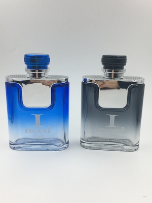 botella de perfume de cristal plana con el hombro y el casquillo metálicos 100ml
