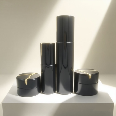 Juego de botellas y tarros con bomba de loción redonda de lujo negra de vidrio cosmético de 30 ml, 50 ml, 100 ml y 120 ml, directo de fábrica - OEM