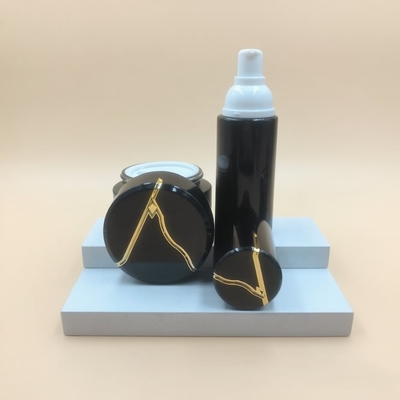 Juego de botellas y tarros con bomba de loción redonda de lujo negra de vidrio cosmético de 30 ml, 50 ml, 100 ml y 120 ml, directo de fábrica - OEM