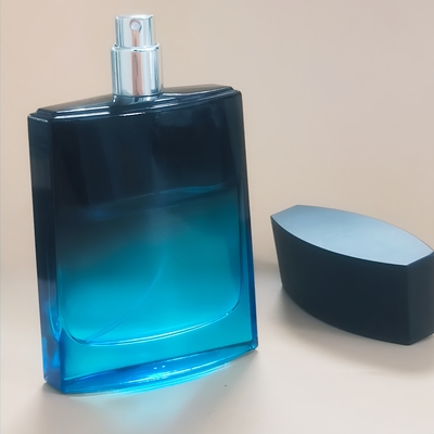 Botella de perfume vacía de lujo y elegante de vidrio cuadrado de 100 ml con pulverizador de bomba, color negro y azul degradado, cuello de 15 mm
