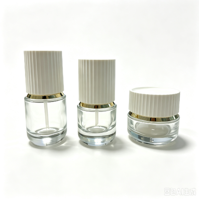 Empty Clear Glass Pump Bottle 30ml and 50ml Cosmetic Serum Lotion Container Ribbed White Cap Gold Press Pump Skincare Packaging