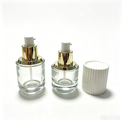 Empty Clear Glass Pump Bottle 30ml and 50ml Cosmetic Serum Lotion Container Ribbed White Cap Gold Press Pump Skincare Packaging