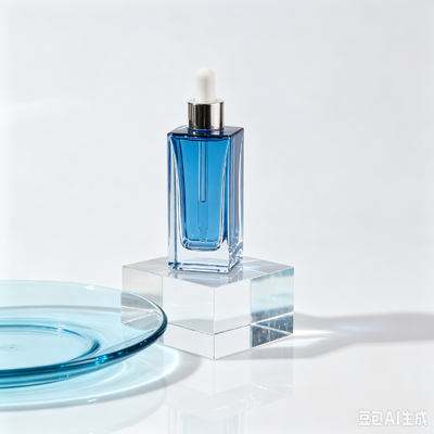 Botella gotero de vidrio transparente azul, botella de embalaje de aceite de suero cosmético de base gruesa y cuadrada con gotero de goma blanco