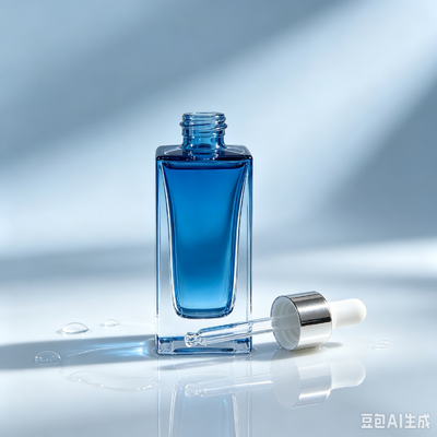 Botella gotero de vidrio transparente azul, botella de embalaje de aceite de suero cosmético de base gruesa y cuadrada con gotero de goma blanco