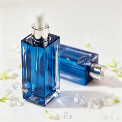 Botella gotero de vidrio transparente azul, botella de embalaje de aceite de suero cosmético de base gruesa y cuadrada con gotero de goma blanco