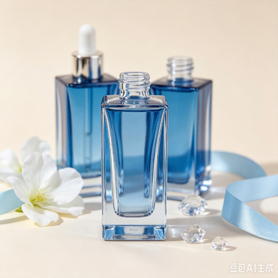 Botella gotero de vidrio transparente azul, botella de embalaje de aceite de suero cosmético de base gruesa y cuadrada con gotero de goma blanco