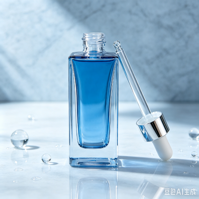 Botella gotero de vidrio transparente azul, botella de embalaje de aceite de suero cosmético de base gruesa y cuadrada con gotero de goma blanco