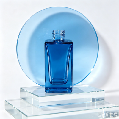 Botella gotero de vidrio transparente azul, botella de embalaje de aceite de suero cosmético de base gruesa y cuadrada con gotero de goma blanco