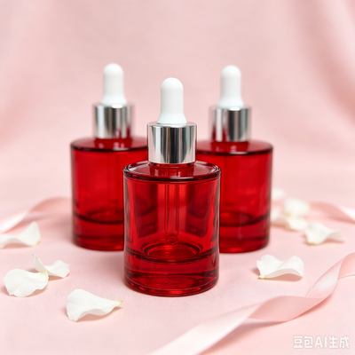 Red Transparent Glass Dropper Bottle, Thick Base Cosmetic Serum Oil Packaging Bottle with White Rubber Dropper